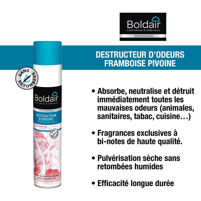 Désodorisant destructeur d'odeurs parfumant Boldair Framboise Pivoine - Aérosol 500 ml