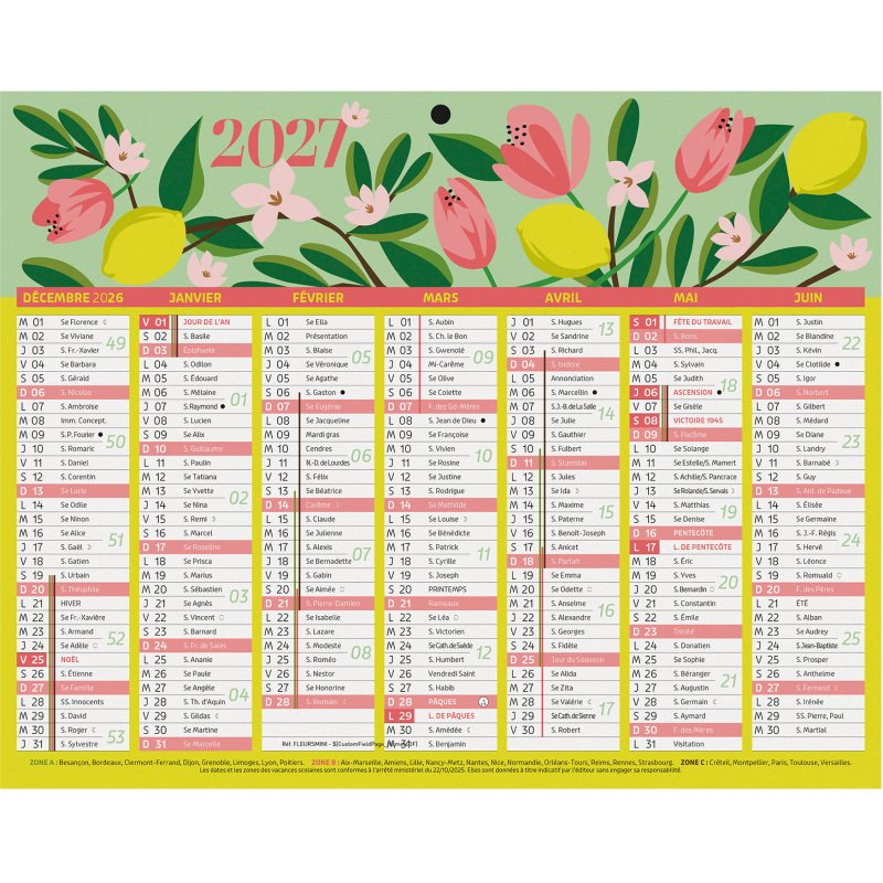 Calendrier semestriel mural 2027 - Fleurs - 21 x 26,5 cm