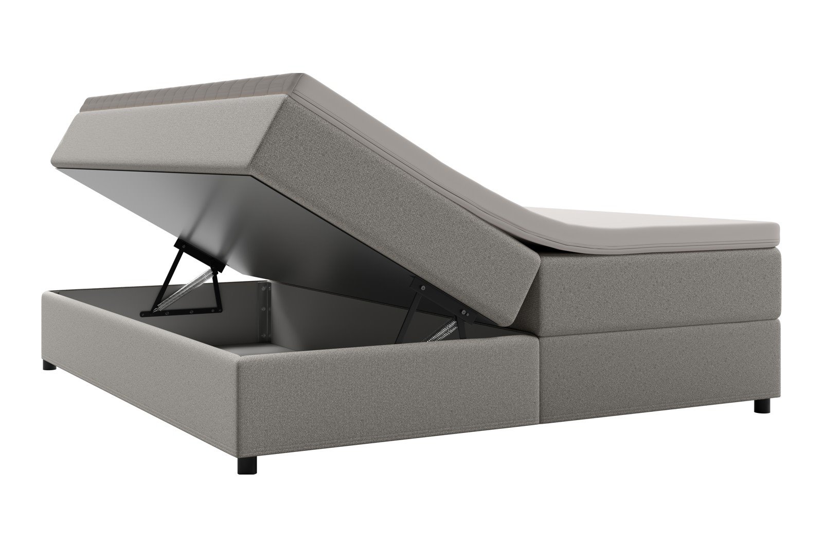 Premium 10 oppbevaringsseng 180x200 cm Magasinseng med oppbevaring, åpnes fra siden. I tekstil terranova 08 krem, med fast fasthetsgrad og premium 10 overmadrass,sorte ben. Sengegavl selges separat.
