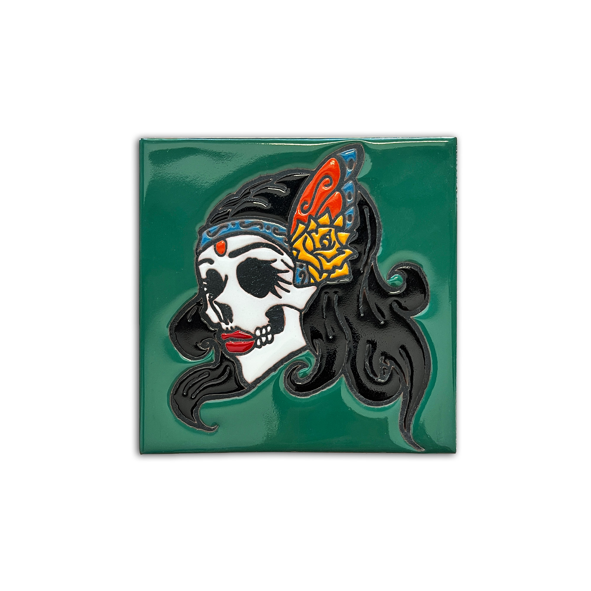 Relief-Kachel 'Calavera Festiva', grün, multicolor, H 15 cm, B 15 cm von fischer's lagerhaus