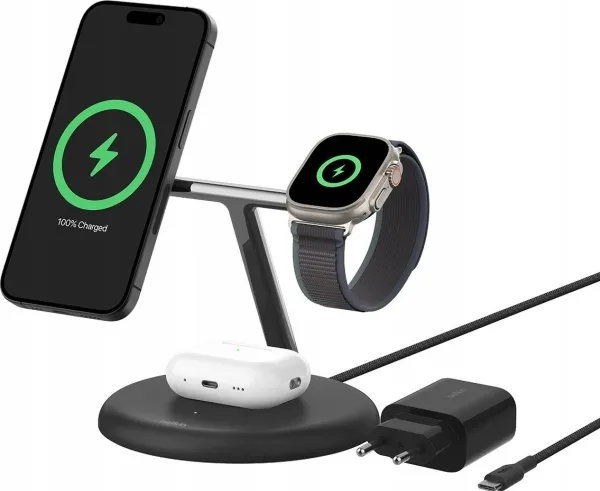 Belkin BoostCharge Pro 3-in-1 - Trådløs opladningsstander - magnetisk med Qi2   AC-strømadapter - 15 Watt - Fast Charge - sort