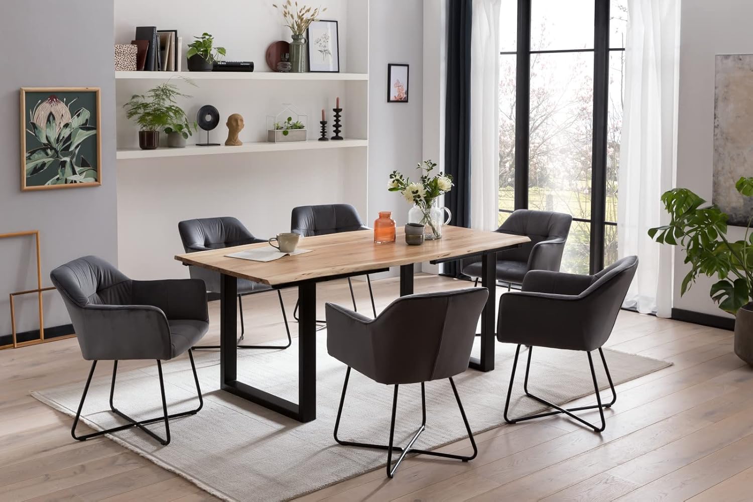 SAM Baumkantentisch 180 (280) x 90 cm Adina, Akazienholz naturfarben & massiv, Esszimmertisch mit 2 Ansteckplatten, Mattschwarzes U-Metallgestell, Platte 26mm