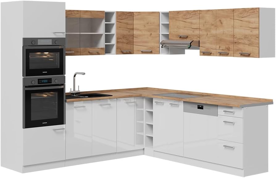 Vicco Eckküche R-Line, Goldkraft Eiche/Weiß, 247 x 60 cm zweifarbige Schränke, AP Eiche