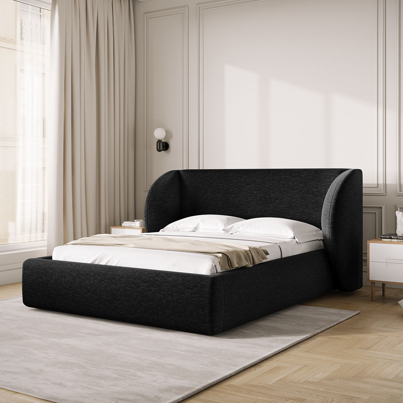 Micadoni Lit Coffre Chenille avec Tête de Lit Miley noir - 230x207x100 cm