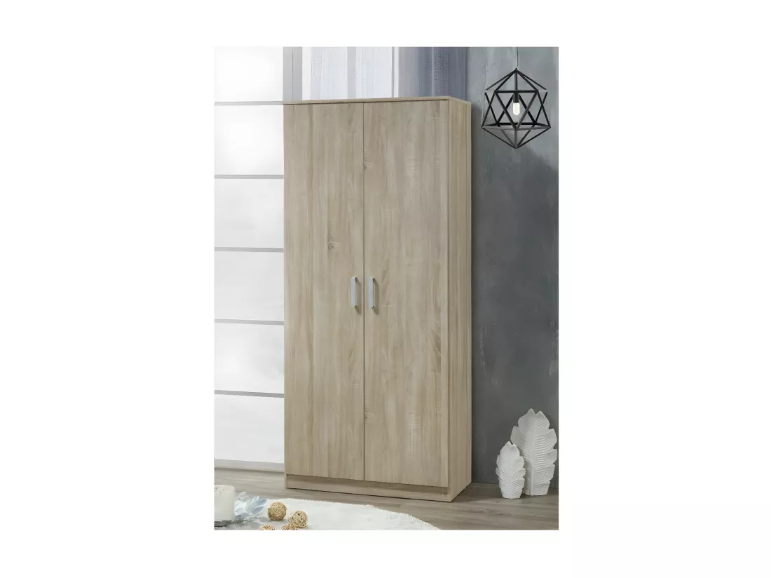 Armoire \ Garde robe SAVIS, 2 portes, contemporaine chêne Sonoma et poignées grises.