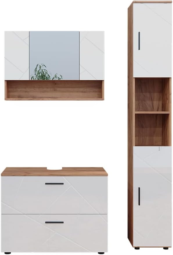 Vicco Badmöbel-Set Weiß Hochglanz/Goldkraft Eiche Irma, bestehend aus Bad Spiegelschrank, Waschbeckenunterschrank, Hochschrank - Versteckter Stauraum hinter eleganten Türen