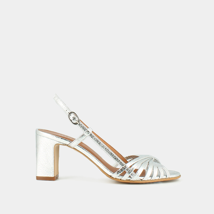 Sandales à bouts carrés et brides  en cuir craquelé argent