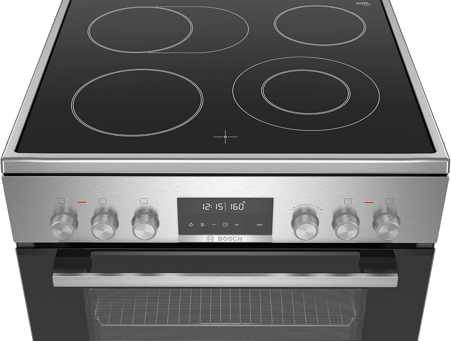 Bosch HKR39C250 Serie 4 Elektro-Standherd, 60 cm breit, EcoClean Direct Reinigungshilfe, 3D Heißluft Backen auf 3 Ebenen, LED-Display-Steuerung, erweiterbare Kochzone für großes Kochgeschirr