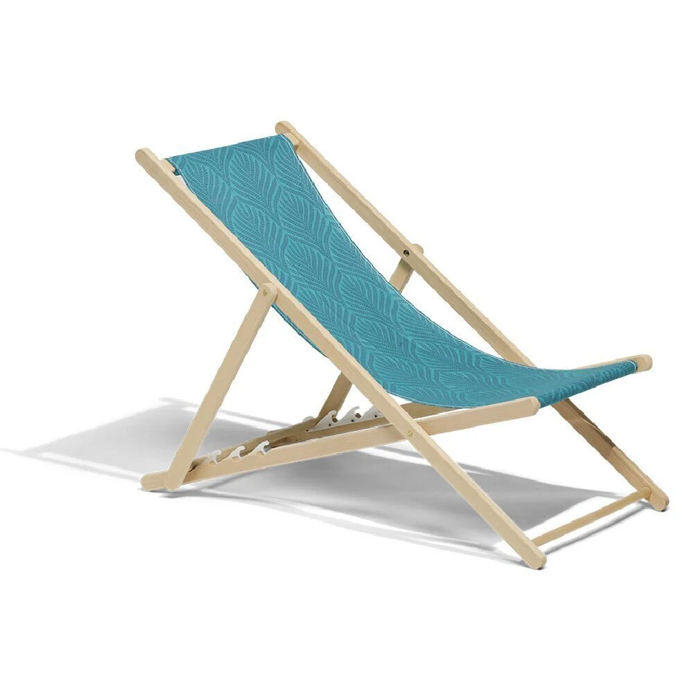 Chilienne hêtre et tissu agrafé coton bleu design palme 96x56xH96cm