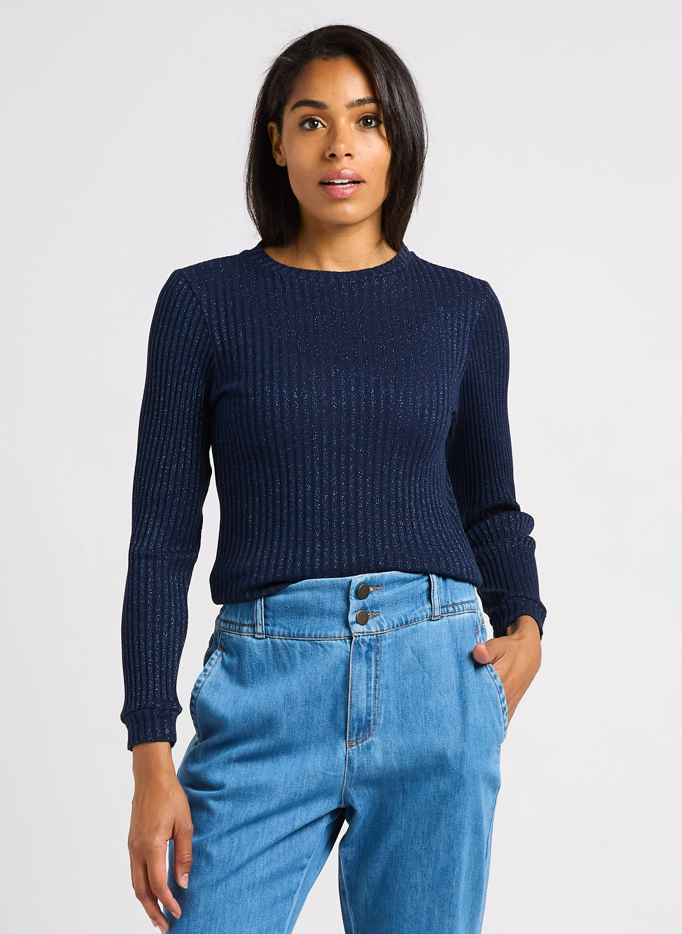 MALENE - Pull col rond en coton mélangé | Bleu