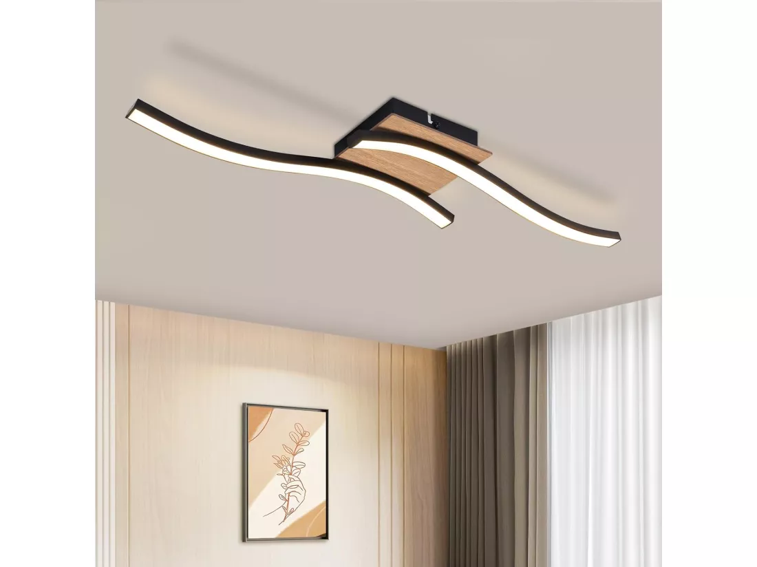 NETTLIFE plafonnier LED 12W bois 3000K blanc chaud design moderne métal noir