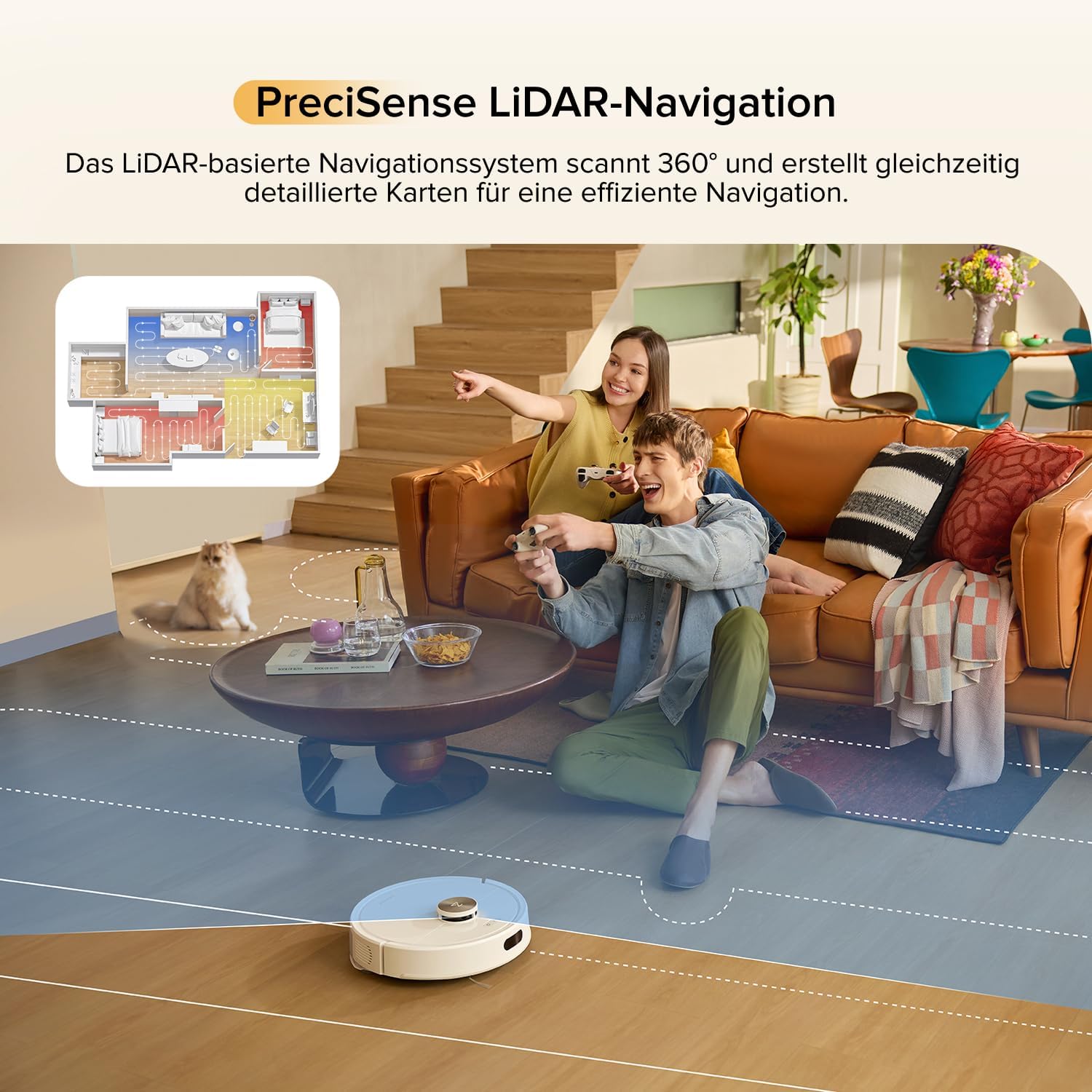 roborock Q7 M5 Saugroboter mit Wischfunktion, 10.000Pa Starker Saugkraft, Dual Anti-Tangle-System, 150Min Laufzeit, LiDAR Navigation, Staubsauger Roboter für Teppich, Tierhaare, APP Steuerung(Weiß)