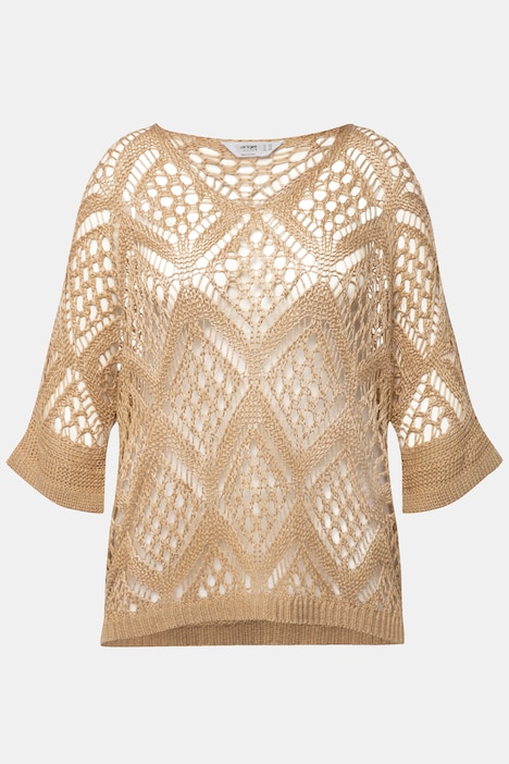 Pullover, oversized, Ajourstrick, V-Ausschnitt, Langarm