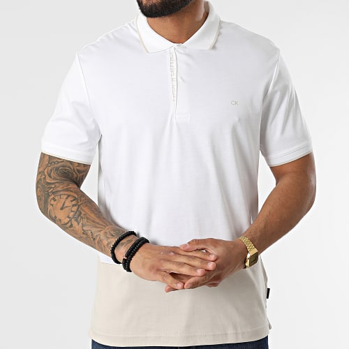 Polo A Manches Courtes Color Blocking Logo Placket 8734 Blanc Beige