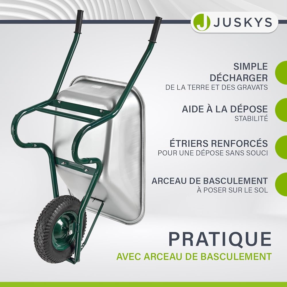 Brouette Juskys Garden | Volume de 100 litres| 210 kg | Pneus à air avec Jante en métal | Cuve galvanisée | Jardin brouette à Pousser brouette de Transport : Commerce, Industrie et Science