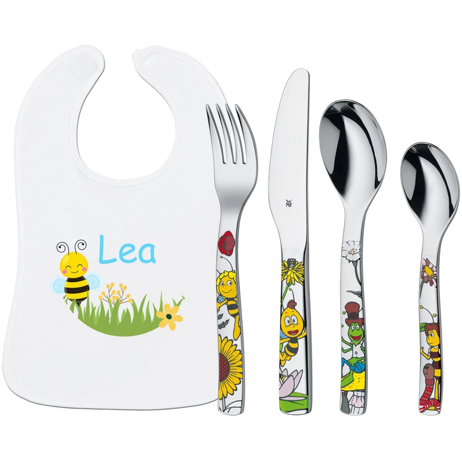 Schnullireich Geschenkset mit Namen WMF Kinderbesteck Biene Maja + Lätzchen Kleine Biene Silber