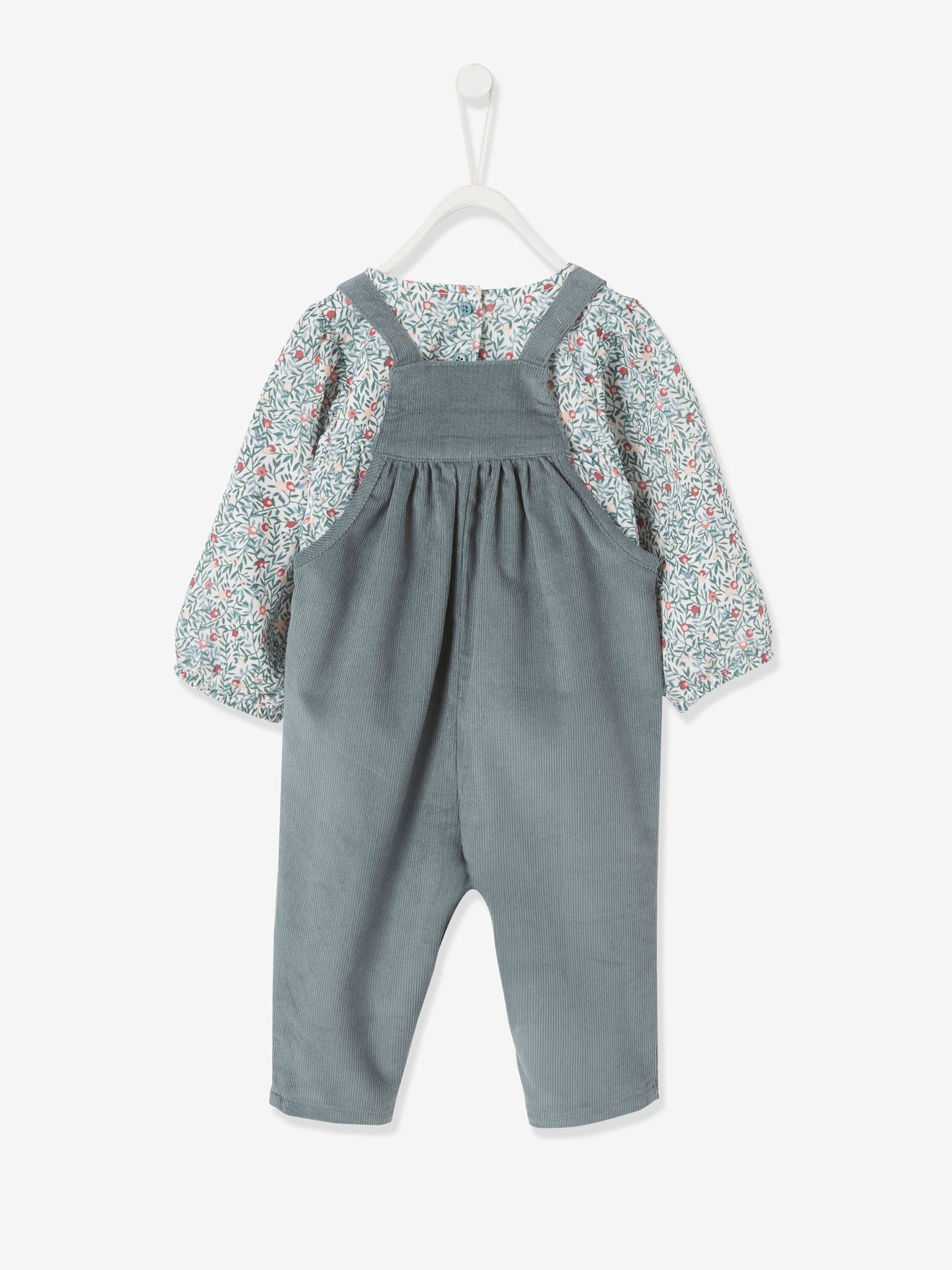 Conjunto de blusa e jardineira de veludo cotelê azul escuro liso para bebê menina.