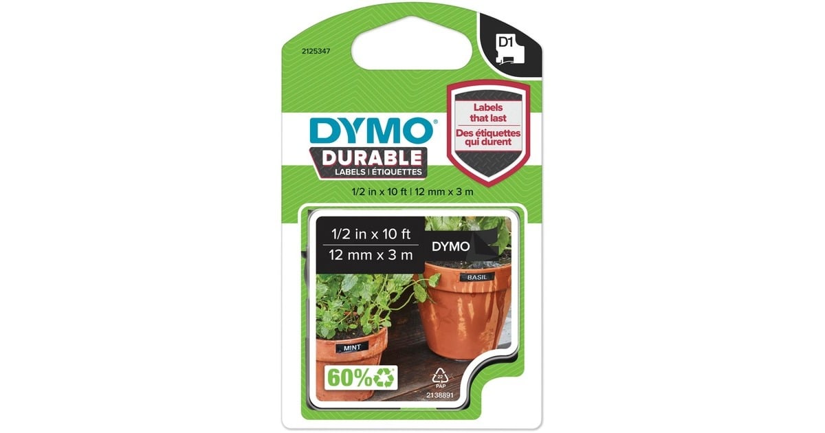 DymoD1 duurzame labels wit op zwart 12 mm x 3 m printlint