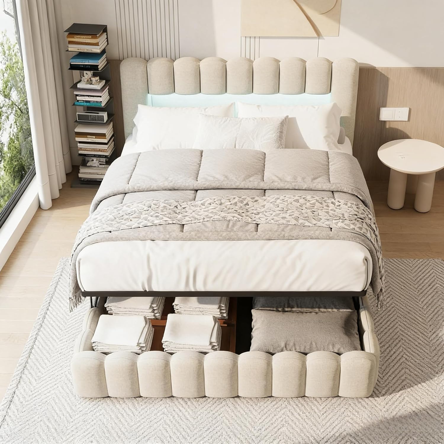 Polsterbett 180x200 cm, Hydraulisch Stauraumbett, Doppelbett mit LED und USB, Jugendbett mit Stauraum Kopfteil, Bettgestell mit Lattenrost, Leinen (Beige, 180 x 200 cm)