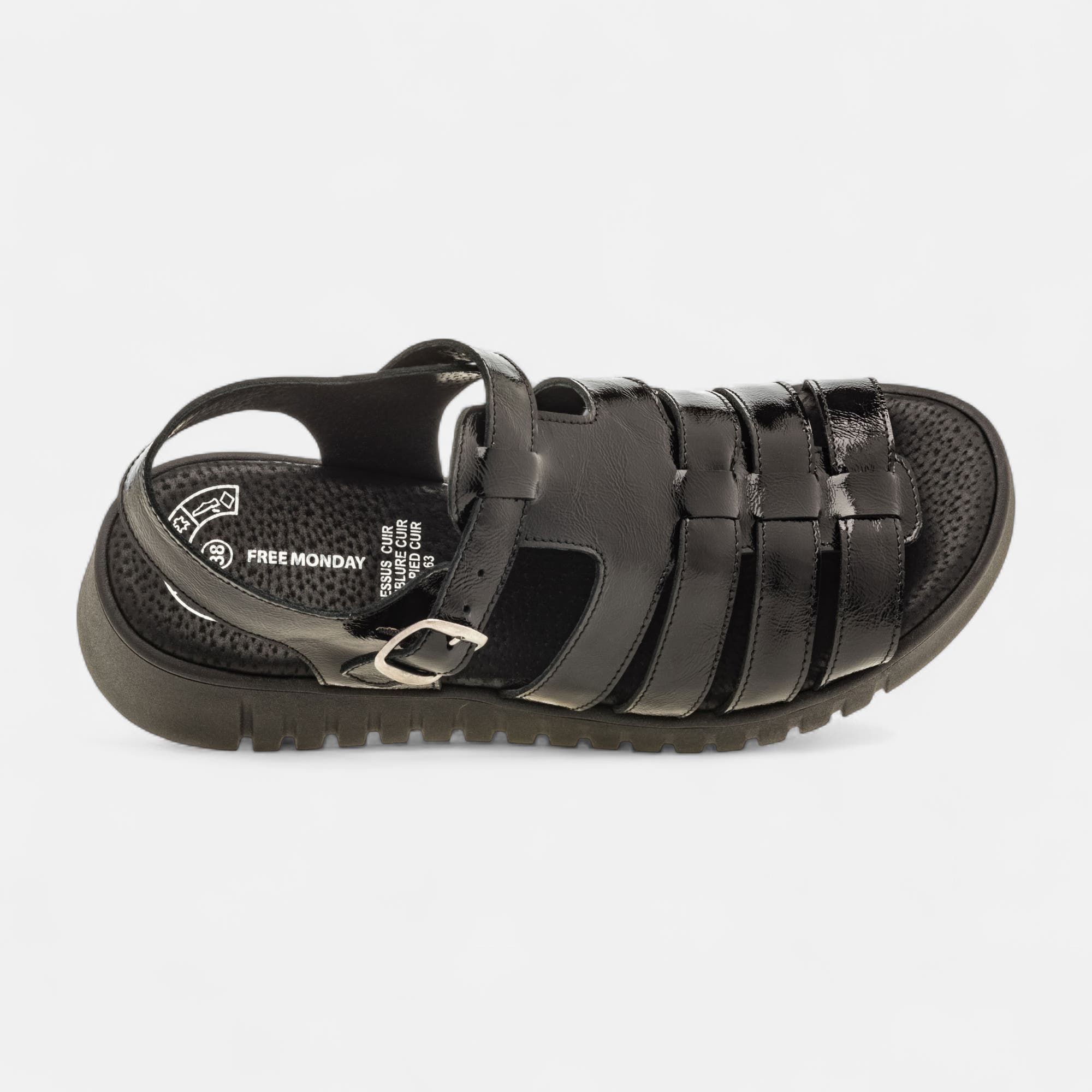 Sandales à talon compensé Femme en cuir noir vernis