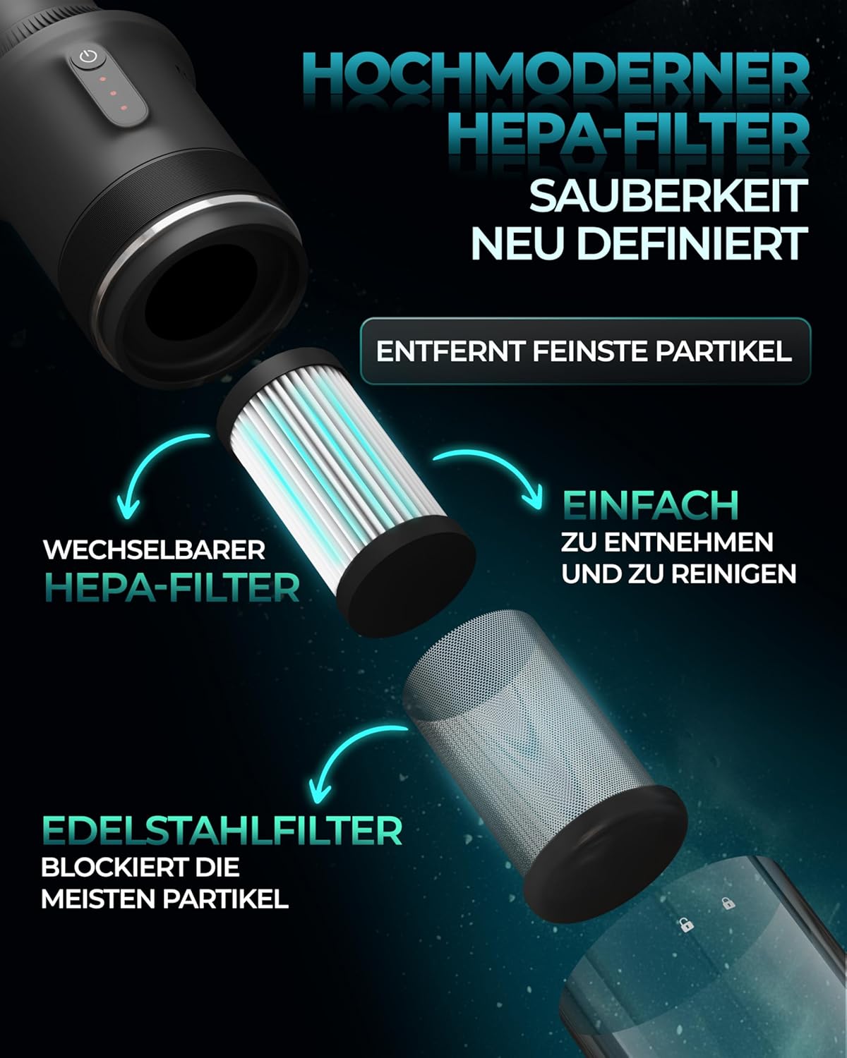KLAMER Handstaubsauger, 140W Akku Handstaubsauger, Leistungsstark mit 16.000 PA und 36 min Laufzeit, Kabelloser Handstaubsauger inkl. Ladestation für Büro, Haus & Auto, beutellos