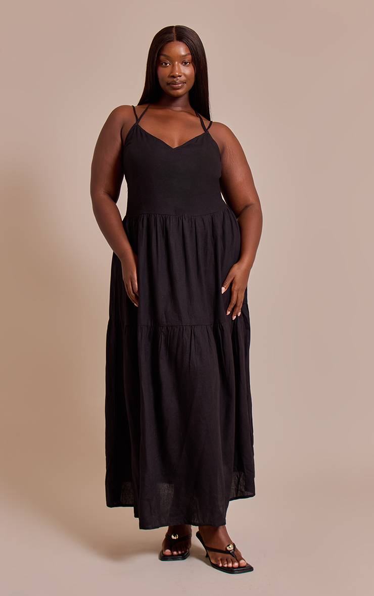 Noir Robe Longue Froncée À Bretelles Grande Taille