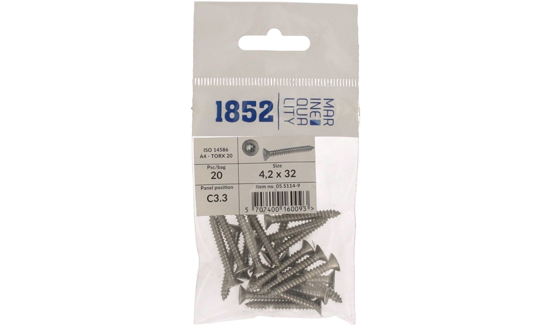 Skrue undersænk 4,2x32 a4 torx 20 stk iso 9478-4