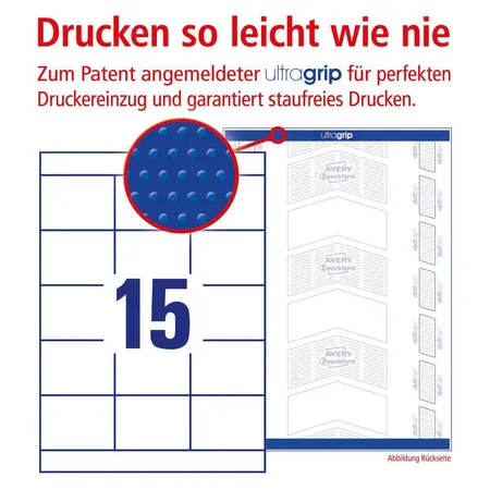 Avery Zweckform 3669 Universal-Etiketten,A4 mit ultragrip,Adressaufkleber 70 x 50,8 mm, 100 Bogen/1.500 Etiketten, weiß