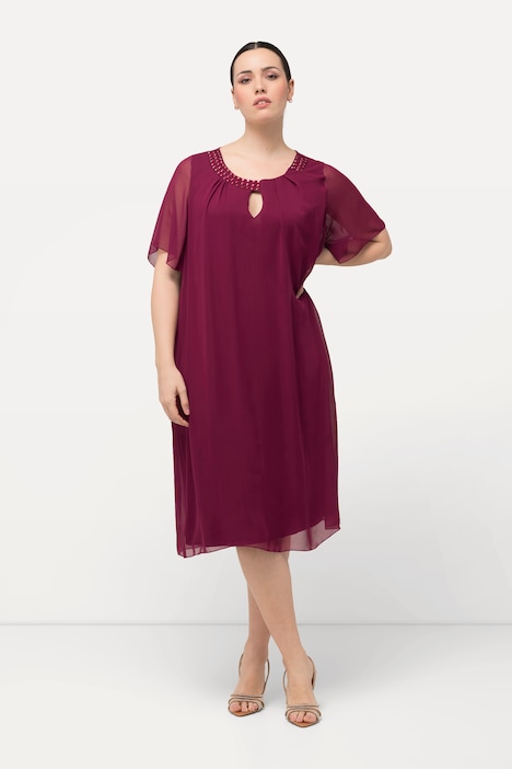 Chiffonkleid, Schmucksteine, A-Linie, Rundhals, Halbarm
