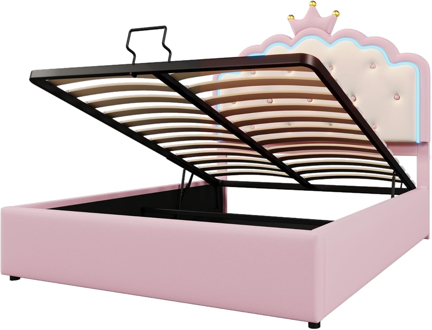 Merax Kinderbett 140x200, Polsterbett für Mädchen Kronen-Doppelbett mit 16 Farben LED-Streifen, Hydraulischer Stauraum, aus PU-Leder Bettrahmen mit Lattenrost(ohne Matratze), Rosa