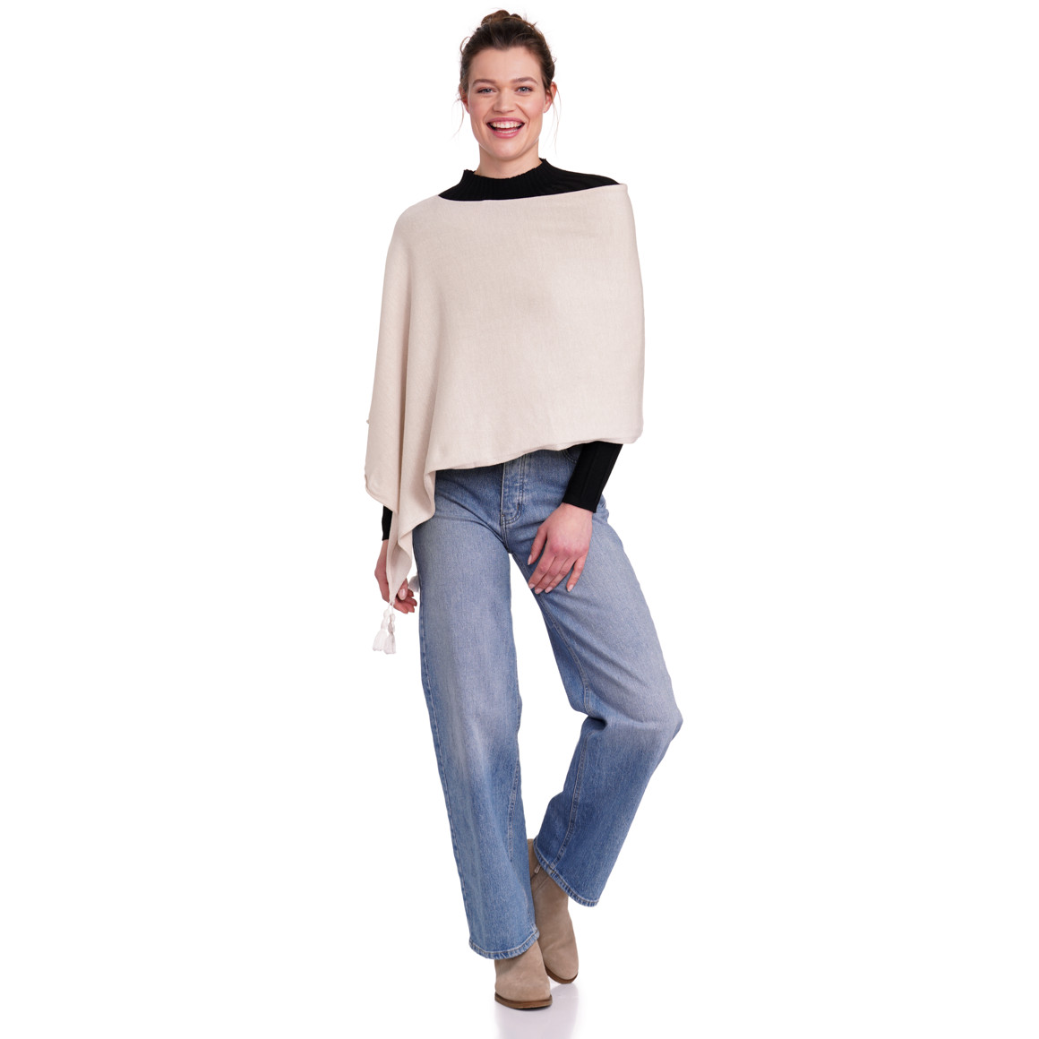 Gina Benotti Damen Poncho mit Tasseln beige