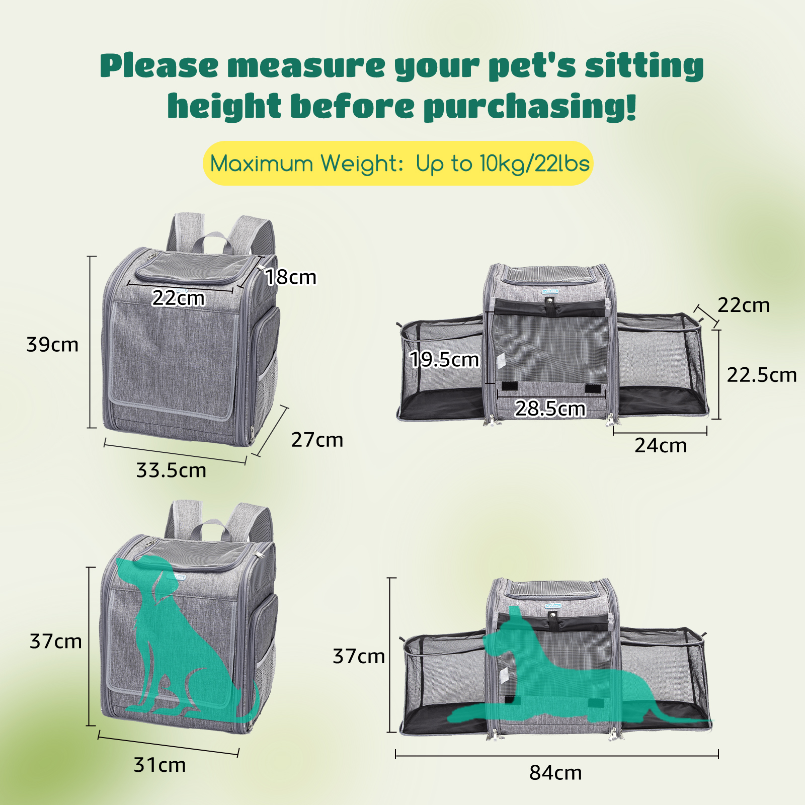 Mochila para transporte de animais de estimação Nobleza, expansível e dobrável, com janela de malha, ideal para cães de pequeno porte com arnês interno, capacidade máxima de carga de 10 kg, cinza.