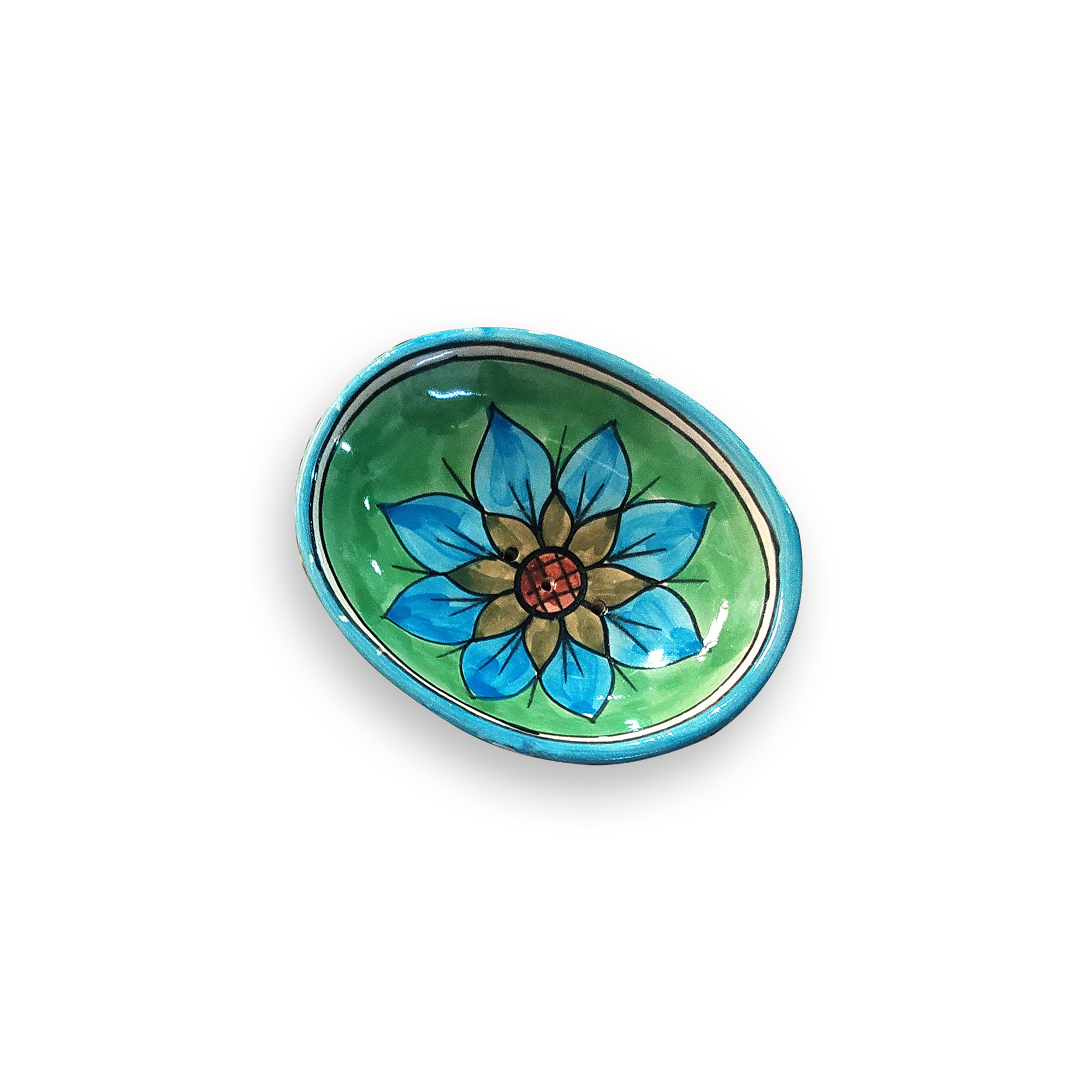 Seifenschale 'Blumen' aus Keramik, blau, grün, L 14 cm, B 10 cm, H 3 cm von fischer's lagerhaus