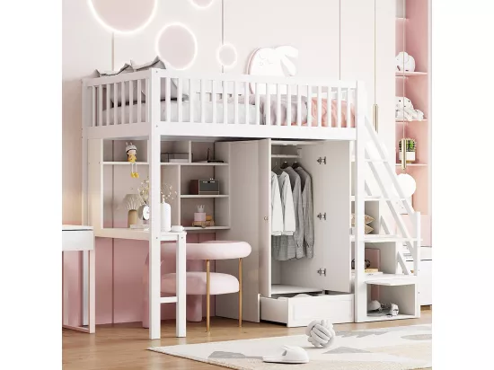 Lit mezzanine 90x200 avec grande armoire étagère et table espace de rangement escalier lit polyvalent blanc