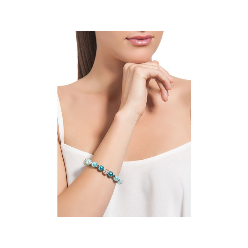 Bracelet 1 Rang en Perles Bleues, Cristal et Plaqué Rhodium
