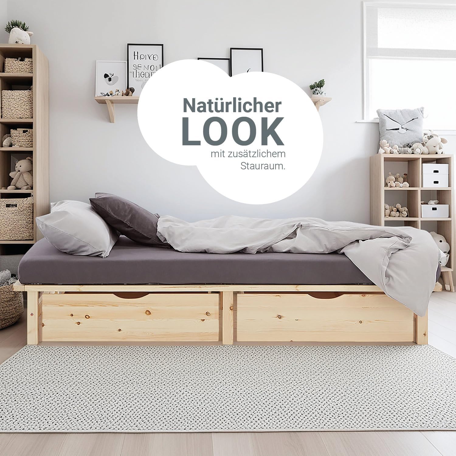Homestyle4u Massivholzbett 100x200 mit Stauraum 2 Schubladen Palettenbett Holzbett Kiefer Natur Bettgestell mit Lattenrost