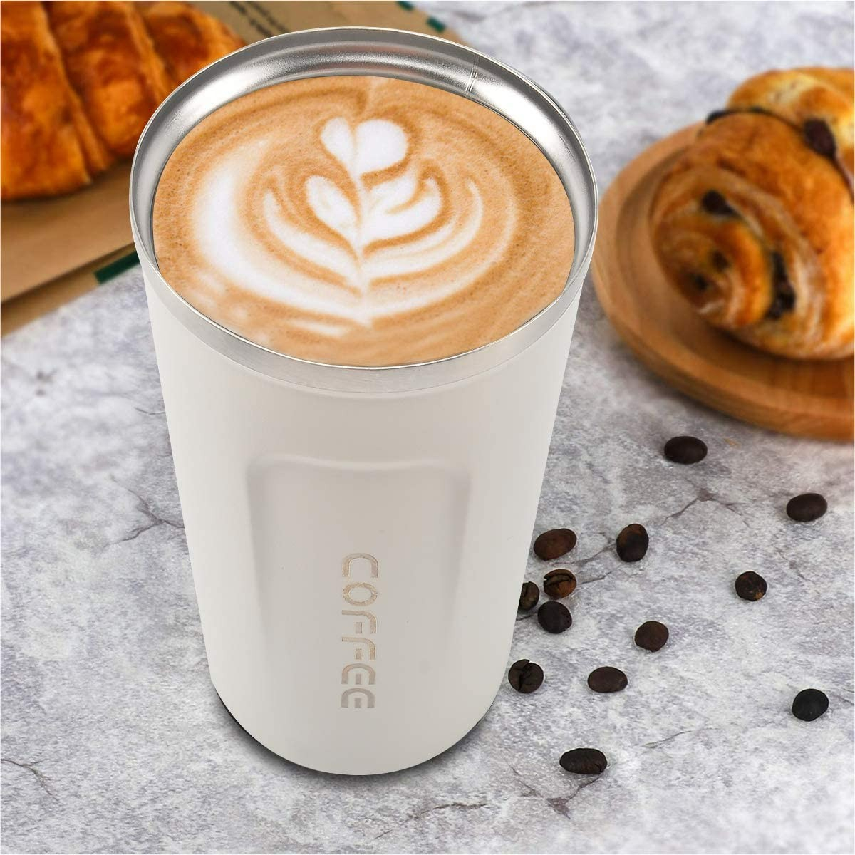 (380ml) Edelstahl Thermo Kaffee Becher Thermoskanne Rutschfester Vakuum Behälter - Creme