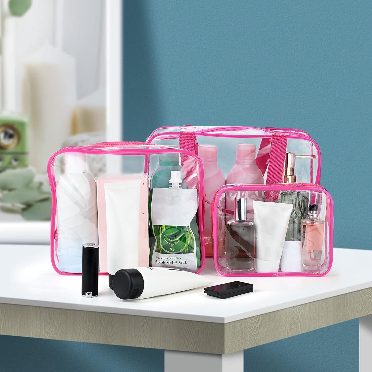 (3er Set) Kosmetik Make Up Tasche Handgepäck Necessaire Organizer Bag mit Reissverschluss - Transparent / Pink