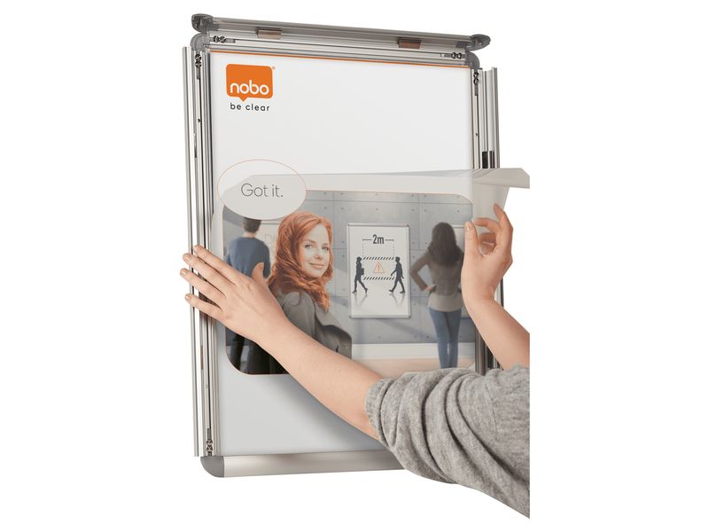 Nobo Premium Plus Plakatrahmen A4, freistehend und doppelse Plakatrahmen für die Wandbefestigung mit praktischer Aluminium-Klapprahmentechnik und entspiegelter PVC-Abdeckung. Motiv-Grösse: A4