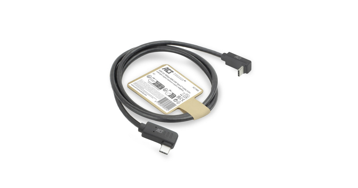 ACT ConnectivityUSB 3.2 USB-C (omhoog/omlaag haaks) naar USB-C (links/rechts haaks) kabel  (Zwart, 10 Gbit/s, 60W, 0,5 meter)