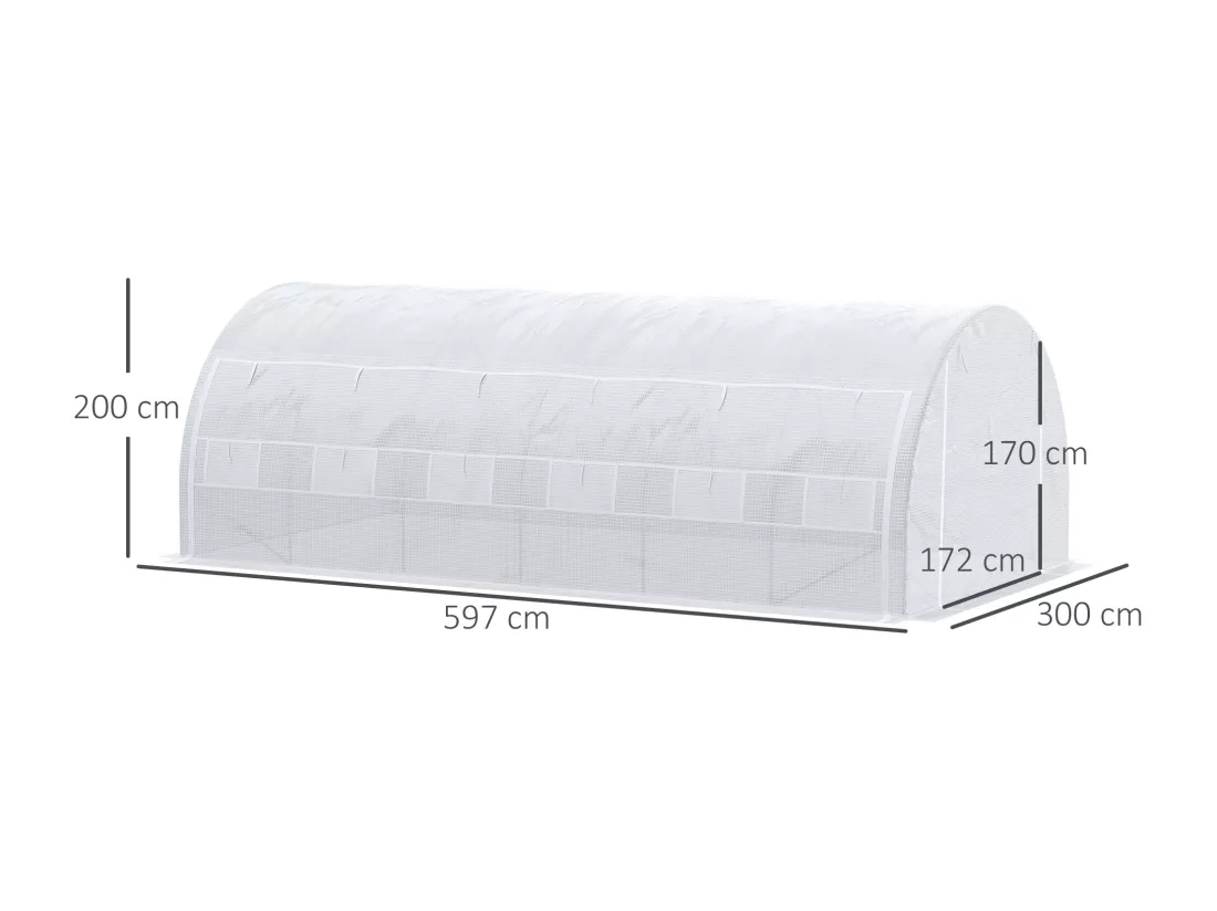Serre de jardin tunnel 18 m² dim. 5,97L x 3,02l x 2H m - 12 fenêtres, porte zippée enroulable - châssis tubulaire acier galvanisé, bâche PE haute densité blanc