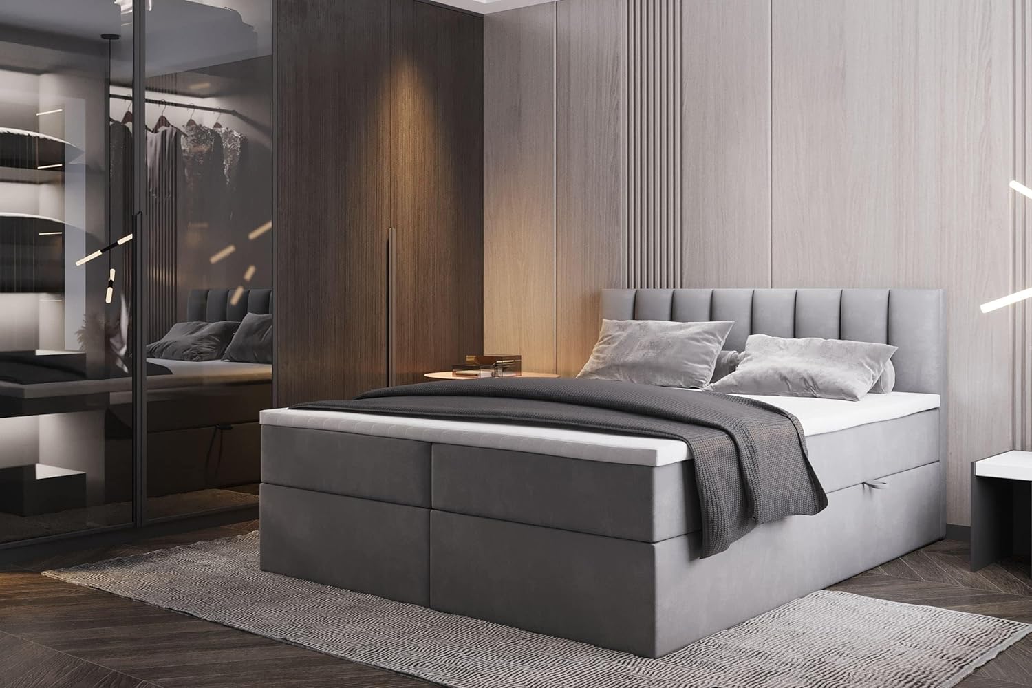 TRADA Boxspringbett mit Bettkästen und Bonell Matratze H3 - Elegant Bett Palermo mit Matratze und Topper - Grau - 140 x 200 cm