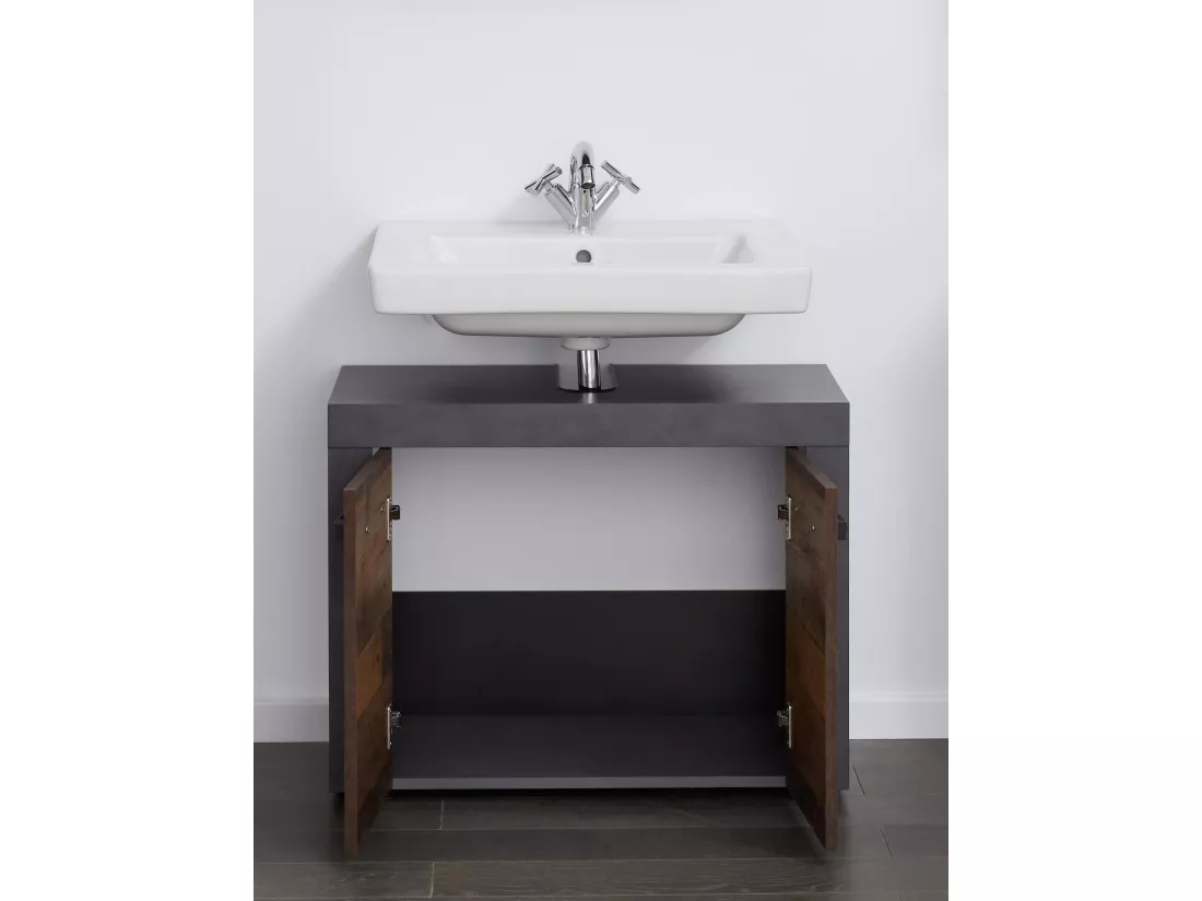 Meuble salle de bain. Meuble sous vasque mélaminé coloris noyer et gris ciment. L - H - P : 72 | 56 | 34 cm.