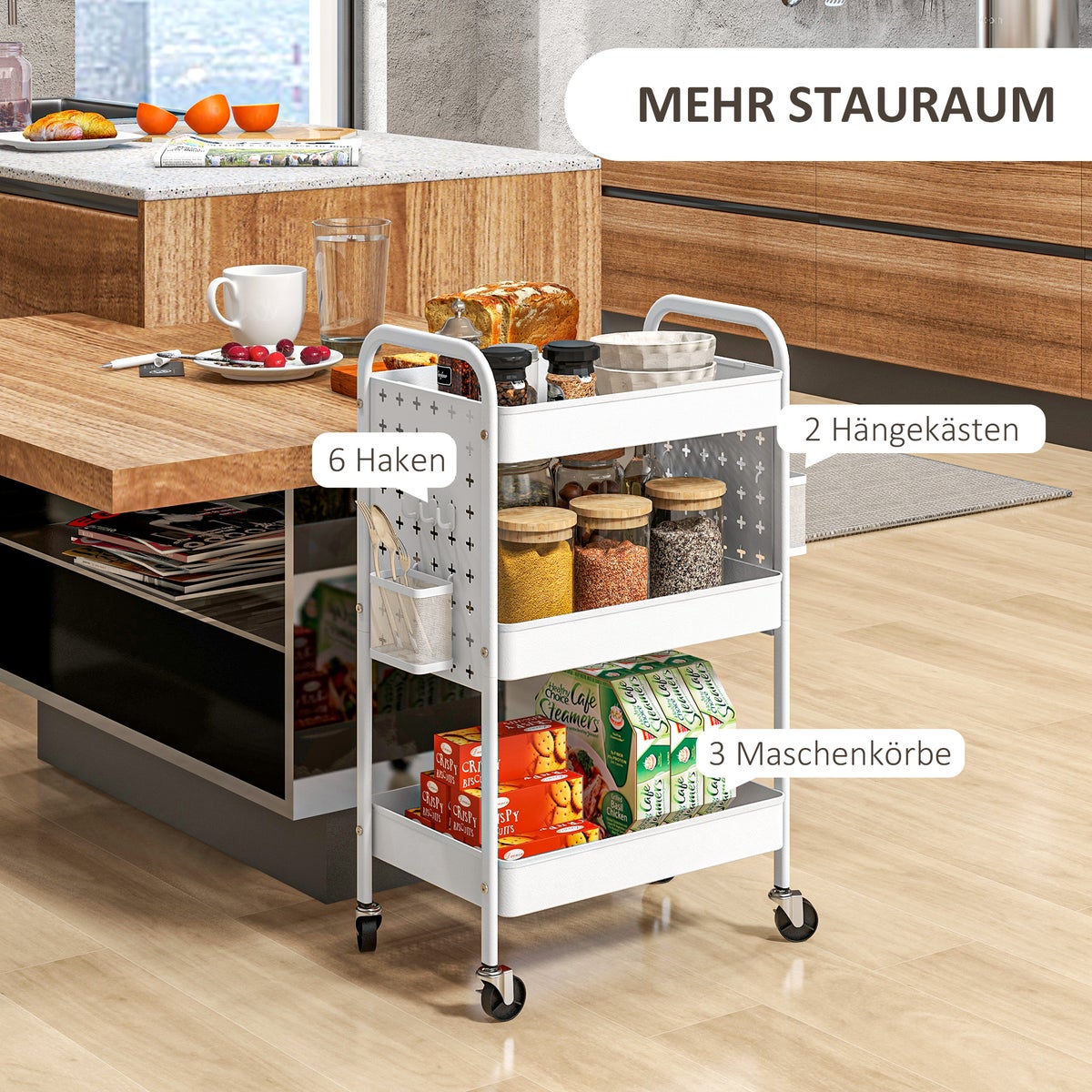 HOMCOM Rolwagen, Serveerwagen met 3 Planken, 2 Hangmanden, Opbergwagen met Handvat, Keukenwagen, Bijzettafel voor Keuken, Woonkamer, Staal, Wit