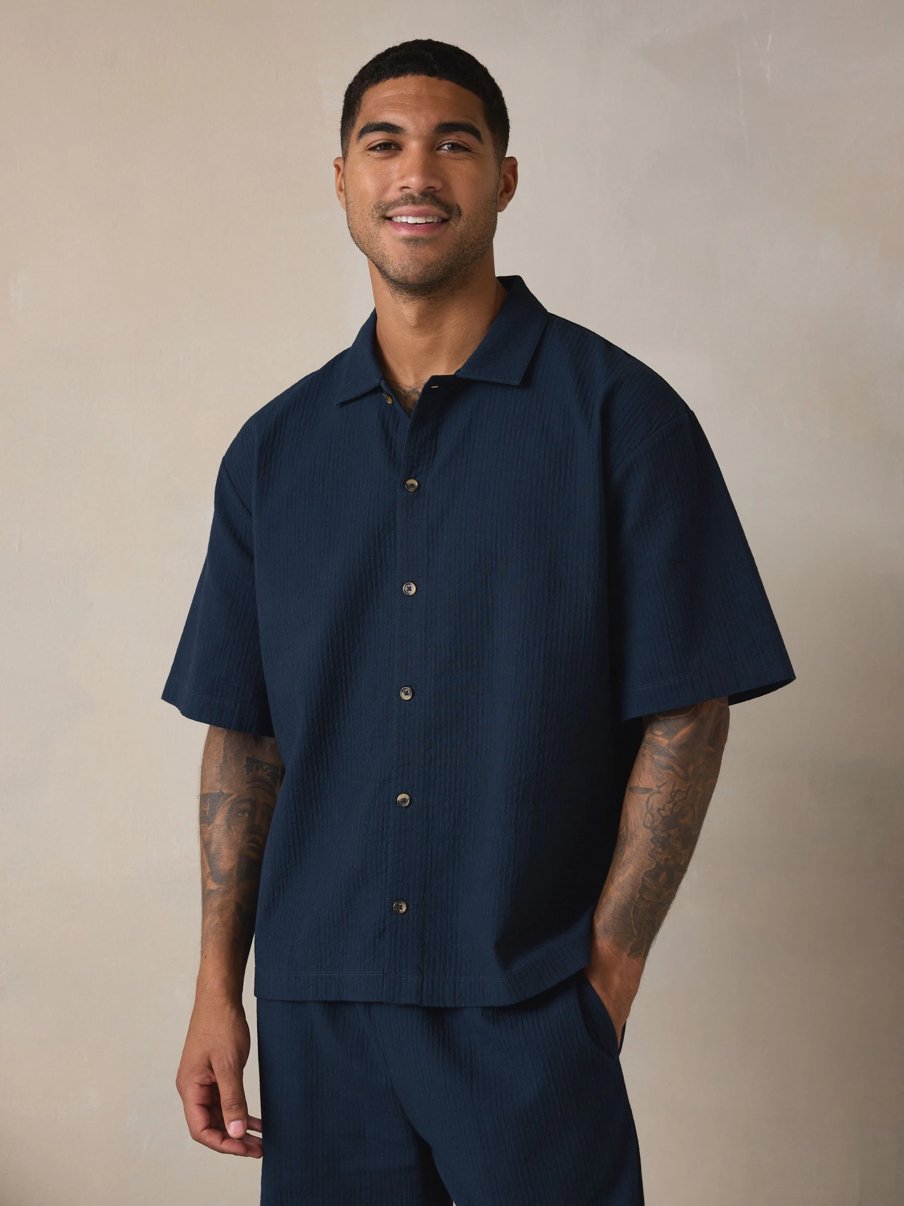 Donkerblauw - Stripe Short Sleeve Button Through Pyjamas Set