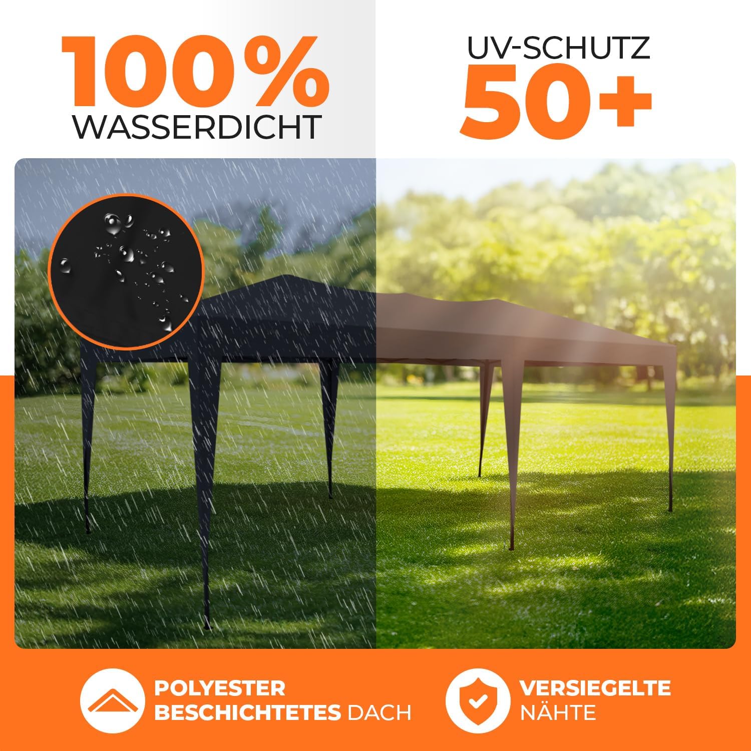 Kronenburg Faltpavillon wasserdicht Pavillon mit 6 Seitenteilen, Gartenzelt, 3x6 m - mit UV Schutz 50+, Schwarz