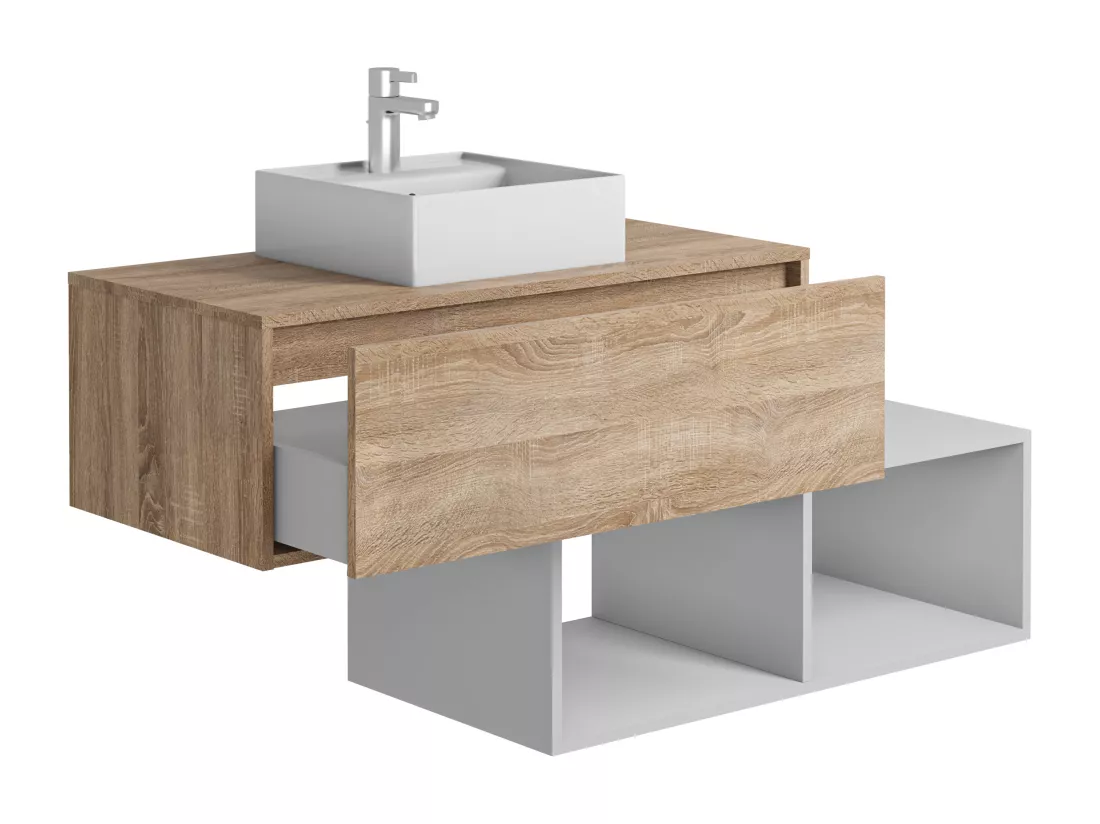 Meuble de salle de bain suspendu avec vasque carrée - 1 tiroir naturel clair et 2 niches blanches - 94 cm - TEANA II