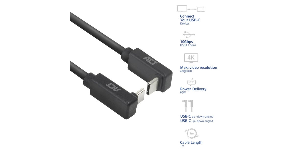ACT ConnectivityUSB 3.2 USB-C (omhoog/omlaag haaks) naar USB-C (omhoog/omlaag haaks) kabel  (Zwart, 10 Gbit/s, 60W, 1 meter)