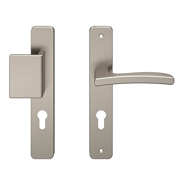 Ensemble poignée sur plaque rectangulaire GoodHome Irvil effet nickel satin gris L.126.5mm x l.24.5mm entraxe 195mm