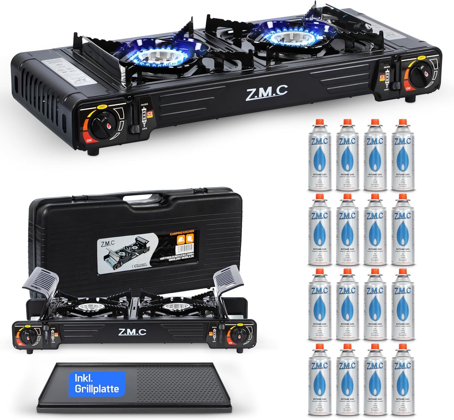 Z.M.C PREMIUM Camping Gaskocher 2-flammig + Grillplatte 45x24 cm + 16 Gaskartuschen 227g, Campingkocher mit Zündsicherung für Outdoor und Innenraum, Balkon Tisch Doppelgaskocher mit Piezozündung